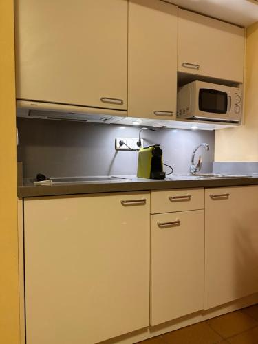 a kitchen with a sink and a microwave at Maribel Arttyco a pie de pista con Parking cubierto in Sierra Nevada