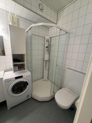 a bathroom with a washing machine and a toilet at Central City Apartment in Svolvær