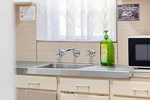 悉尼Classic Double Room - Quaint Place in South Hurstville - Shared Bathroom的厨房水槽、绿瓶和窗户