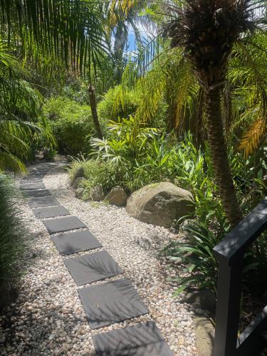 a pathway with a palm tree in a garden at Green Buddha in Milton