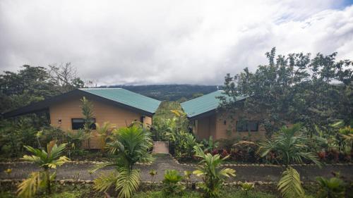 a house with a green roof and some plants at Valle Arenal in Fortuna