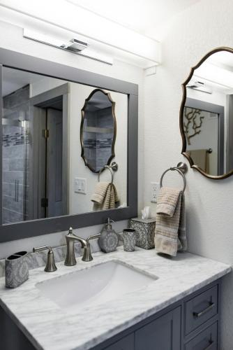 a bathroom with a sink and a large mirror at Designer Apartment in a Historic 1901 Downtown Area Mansion in Denver