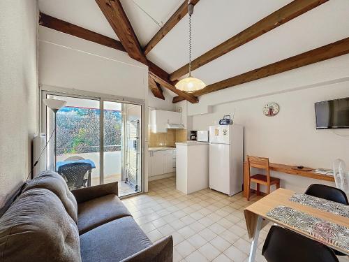 un salon avec un canapé et une cuisine dans l'établissement Bel F2 avec terrasse à 650m des Thermes de Lamalou, animaux acceptés, WIFI, proche golf et randonnées - FR-1-451-146, à Lamalou-les-Bains