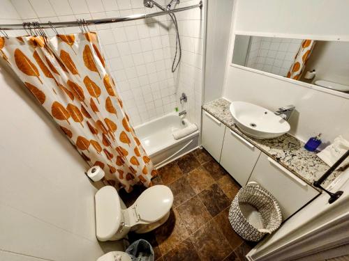 a small bathroom with a toilet and a sink at Family chalet - spa - in Tremblant village in Mont-Tremblant