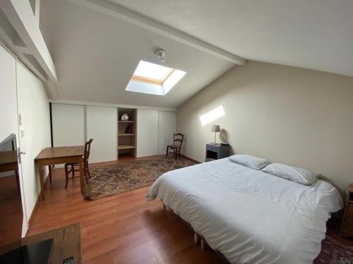 卡布勒通Spacieux Duplex en Centre-Ville avec Parking et Animaux Acceptés - FR-1-413-254的一间卧室配有一张床和一张书桌,天窗