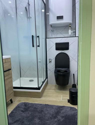 La salle de bains est pourvue d'une douche et de toilettes noires. dans l'établissement Studio au cœur de Vieux-Port Marseille, à Marseille