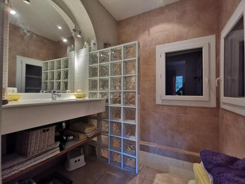 une salle de bain avec un lavabo et un miroir dans l'établissement Le Lavandou : Villa pour 8 avec piscine - FR-1-803-76, au Lavandou
