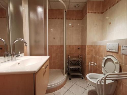 une salle de bain avec une douche, des toilettes et un lavabo dans l'établissement Le Lavandou, T2 pour 4, vue mer, terrasse, parking - FR-1-803-82, au Lavandou