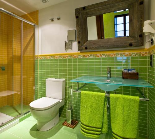 a green bathroom with a toilet and a sink at Hostal Raices in Puebla de Sanabria