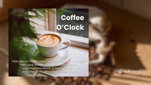a flyer with a cup of coffee on a table at Leafy Home Canggu in Canggu