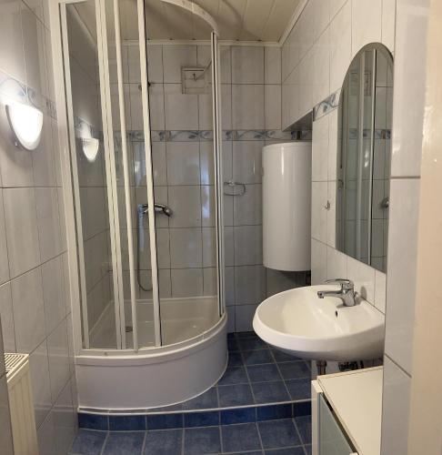 a bathroom with a shower and a sink at Cheap Outlet Center Apartment with Pool in Parndorf