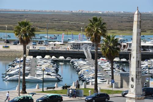a group of boats in a marina with palm trees at Residencial A Doca in Faro