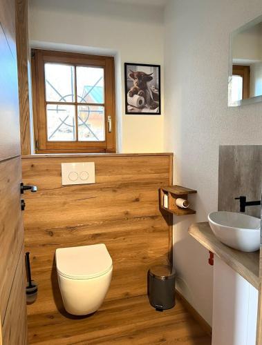 a bathroom with a toilet and a sink at Allgäuer Ferienhäusle in Argenbühl