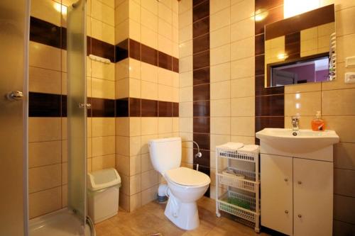 łazienka z toaletą i umywalką w obiekcie Noclegi Na Wzgórzu w mieście Krajno Pierwsze