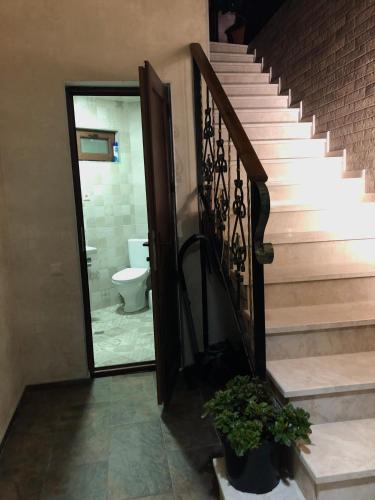 a bathroom with a toilet and stairs with a mirror at Villa Kolkhi in Kvariati