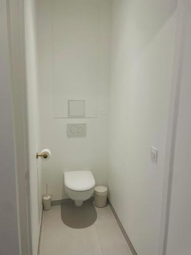 a bathroom with a toilet in a white room at Les Casas de Sísi in Chassieu