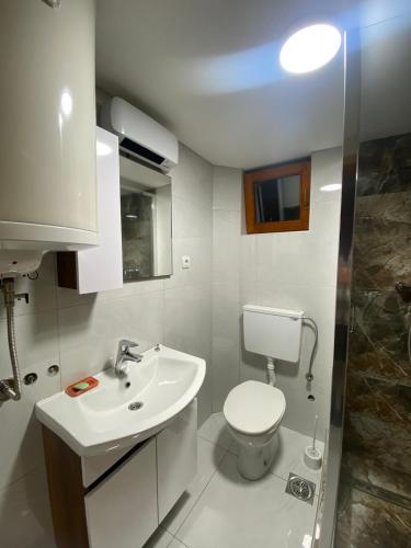 a white bathroom with a toilet and a sink at Apartman Vesna in Divčibare
