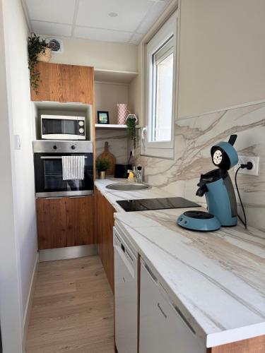 Il comprend une cuisine équipée d'un comptoir et d'une bouilloire. dans l'établissement Appartement situé à 200m de la mer, à Canet