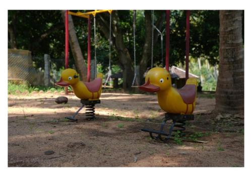 three rubber ducks on a swing set in a park at Down to Earth Farmstay by LAKSEM in Anaimalai