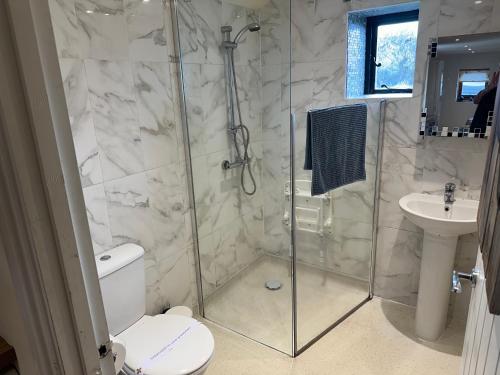 a bathroom with a shower and a toilet and a sink at The Stable -Plymouth in Plymouth