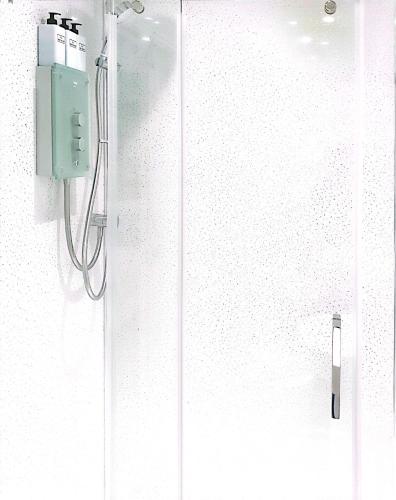 a shower in a bathroom with a soap dispenser at Bay Lodge in Penzance