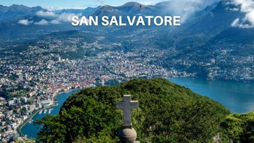 a cross on top of a mountain with the words san salvore at Casa Luce with Private Gym and Netflix - Lugano in Viganello