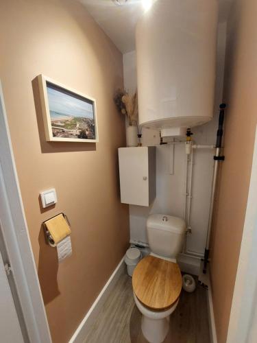 Elle comprend une petite salle de bains pourvue de toilettes et d'un siège en bois. dans l'établissement Studio Saint Rémy Dieppe, à Dieppe