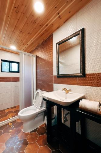 a bathroom with a toilet and a sink and a mirror at Little Ryukyu Hermit Crab Homestay in Xiaoliuqiu