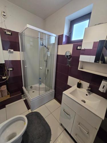 a bathroom with a shower and a sink at Alex Residence in Otopeni