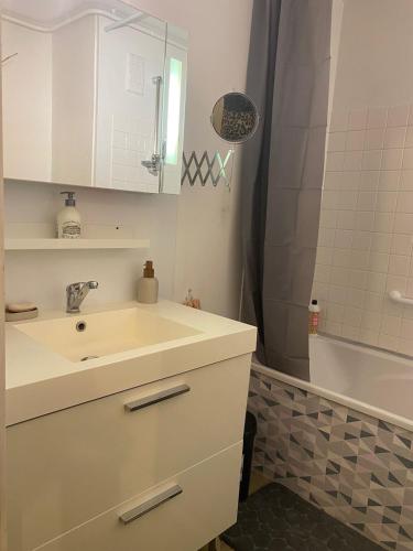 une salle de bain avec un lavabo, une baignoire et une douche dans l'établissement Élégance et classe sur axe majeur Metz T2, à Metz