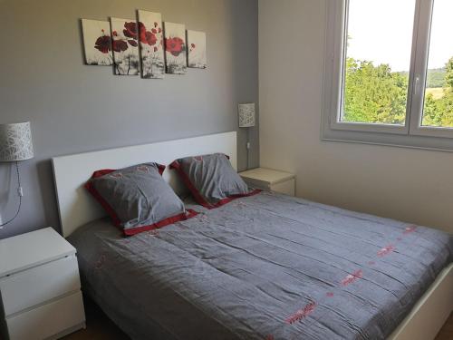 - une chambre avec un lit avec deux oreillers et une fenêtre dans l'établissement Grand T2 tout confort au calme avec terrasse, à Lagarrigue