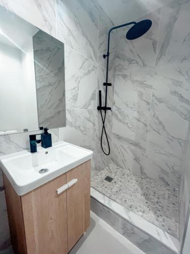 une salle de bain avec un lavabo et une douche dans l'établissement Festival Park Luxe Studio, à Menton