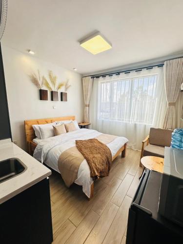 Un dormitorio con una cama grande y una ventana. en Luxury Homes Studio Apartment Syokimau, en Nairobi