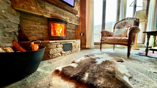 a living room with a stone fireplace and a chair at Vista Verde - Private house with 3 bedrooms & 3 bathrooms in Oreshak