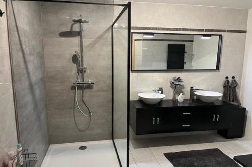 a bathroom with a shower and two sinks and a mirror at Ferienwohnung RhönPanorama EG in Kaltennordheim