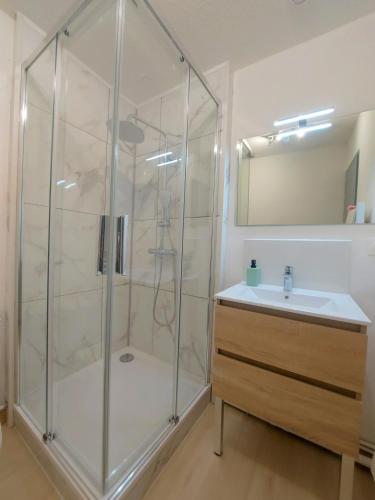 une salle de bain avec douche et lavabo dans l'établissement Cosy 1 - Audincourt centre, à Audincourt