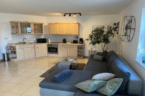 a living room with a blue couch and a kitchen at Ferienwohnung RhönPanorama EG in Kaltennordheim