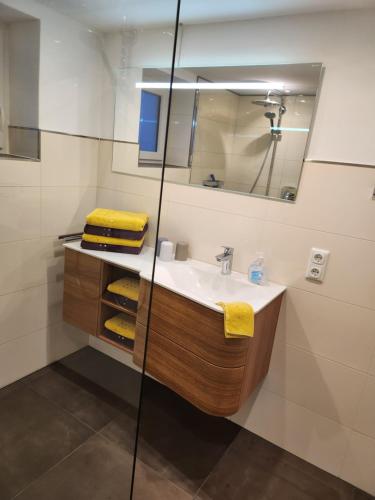 a bathroom with a sink and a mirror at Ferienwohnung Panoramablick in Wertach