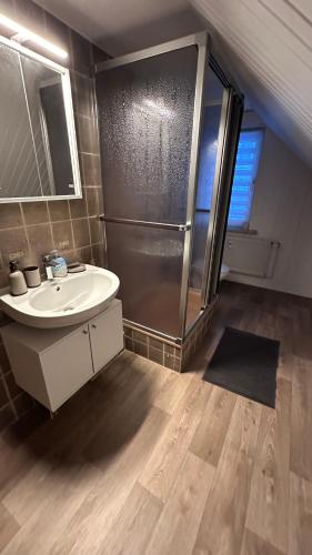 a bathroom with a sink and a shower at Spar die Müh in Langelsheim