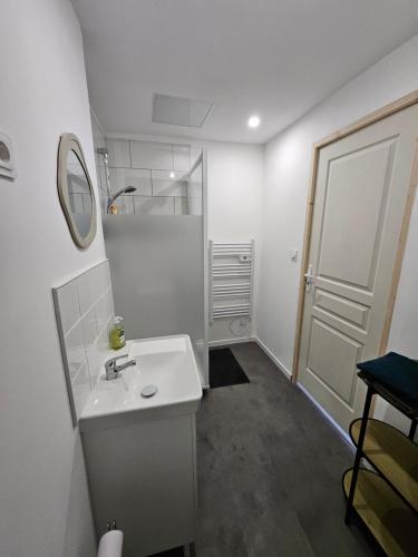 une salle de bain blanche avec un lavabo et un miroir dans l'établissement Studio cosy à 5min à pieds de la gare, à Valenciennes