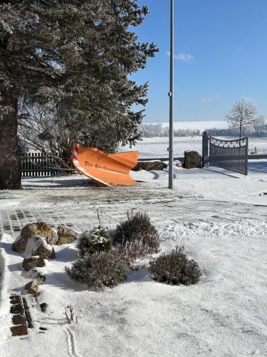 an orange boat sitting in the snow next to a tree at Pension und Café "Alte Straßenmeisterei" in Hasselfelde