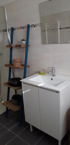 a bathroom with a sink and a mirror and a ladder at Le Cocon des Oiseaux in Lamonzie-Saint-Martin