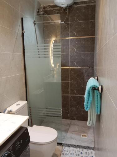 a bathroom with a toilet and a glass shower at ستوديو سكني 3 حديث مجهز بالكامل in Cairo