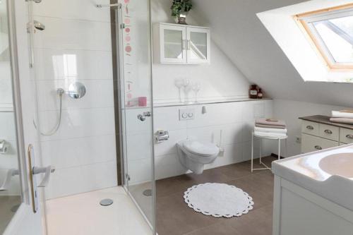 a bathroom with a shower and a toilet and a sink at Apartment Wallberg "Nest" in Detmold