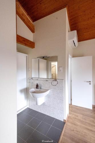 a bathroom with a white sink and a mirror at Casa Ti Maria in Sorval