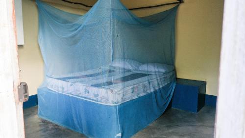 a bed with a blue canopy in a room at Complexo Alemanha - Vilanculos Backpacker in Vilanculos