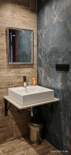 a bathroom with a white sink and a mirror at Hotel Plzeňský Dvůr in Frýdek-Místek