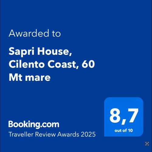 Ein Zertifikat, Auszeichnung, Logo oder anderes Dokument, das in der Unterkunft Sapri House, Cilento Coast, 60 Mt mare ausgestellt ist