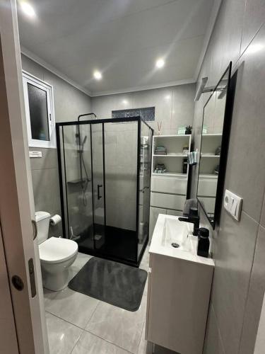 a bathroom with a shower and a toilet and a sink at Maré Alta - Scenic Seaside Stay with outdoor deck in Vila Franca do Campo