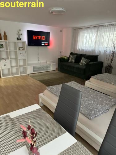 ein Wohnzimmer mit Sofa und Fernseher in der Unterkunft By Stelwag in Bermatingen